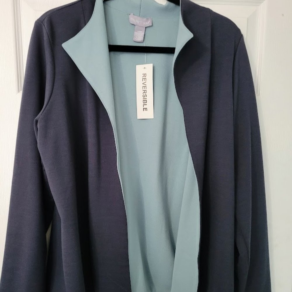 NWT Modern Soul reversible open front jacket dark and seafoam blue Size…‎